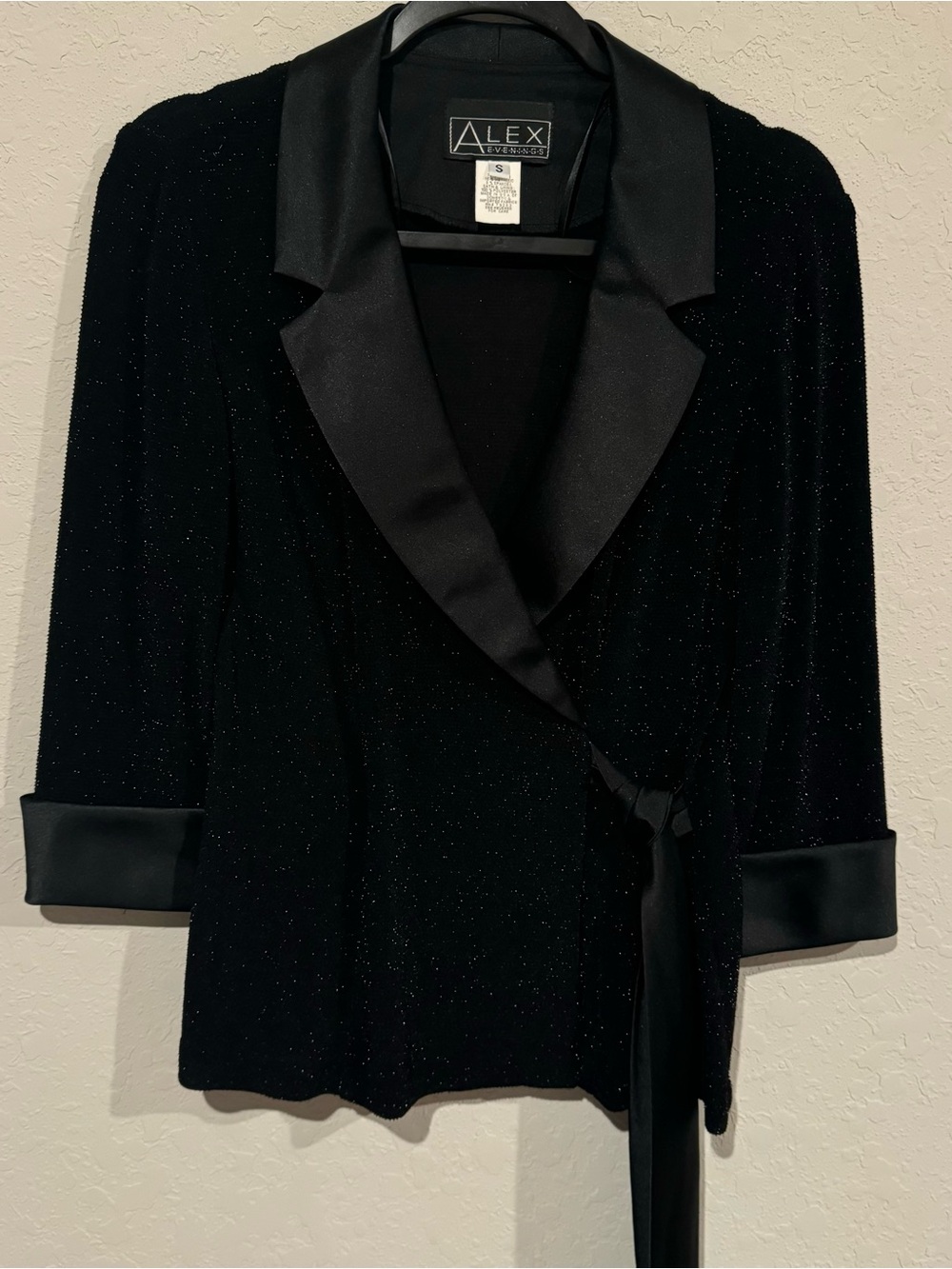 Alex Evenings Black Sparkle Satin-Trim Wrap Blazer
